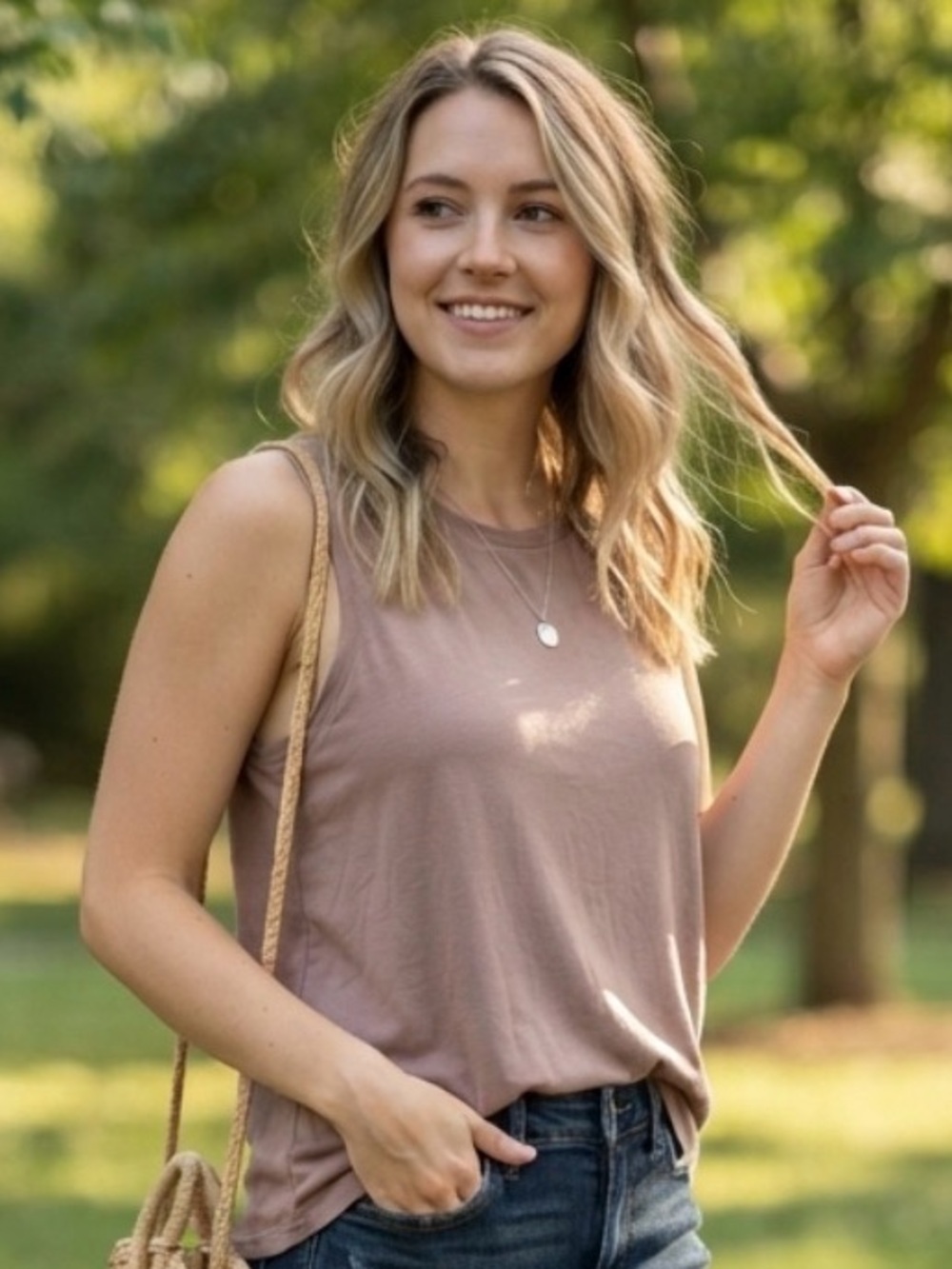 Halogen Taupe Sleeveless Tank with Dark Blue Jeans